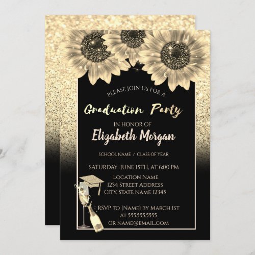 Elegant Gold GlitterWineGlass Sunflowers Invitation