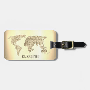 Elegant Gold Glitter World Map Travel Luggage Tag
