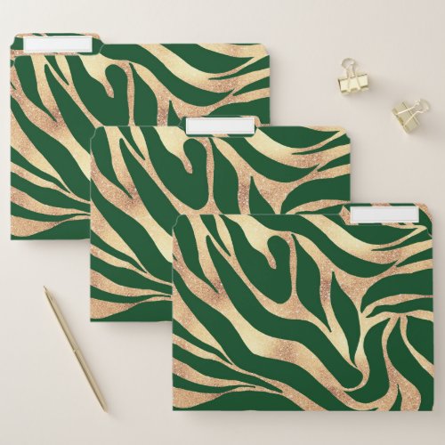Elegant Gold Glitter Zebra Green Animal Print File Folder