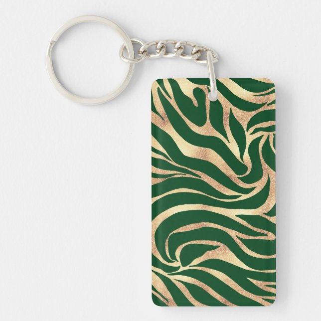 Elegant Gold Glitter Zebra Green Animal Print Keychain (Front)