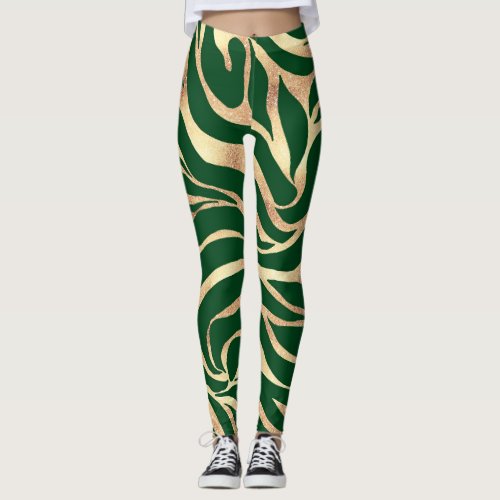 Elegant Gold Glitter Zebra Green Animal Print Leggings