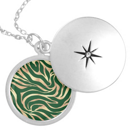 Elegant Gold Glitter Zebra Green Animal Print Locket Necklace