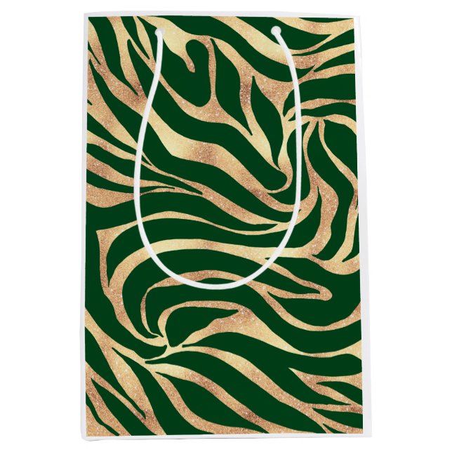 Elegant Gold Glitter Zebra Green Animal Print Medium Gift Bag (Front)