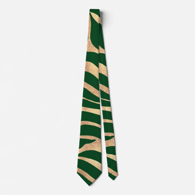Elegant Gold Glitter Zebra Green Animal Print Neck Tie (Front)