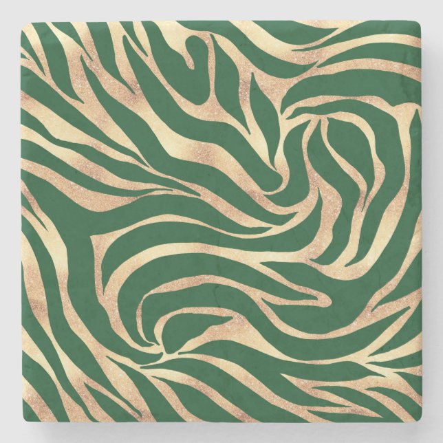 Elegant Gold Glitter Zebra Green Animal Print Stone Coaster (Front)