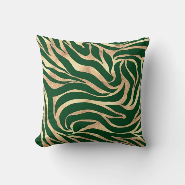 Elegant Gold Glitter Zebra Green Animal Print Throw Pillow (Front)
