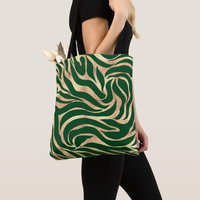 Elegant Gold Glitter Zebra Green Animal Print Tote Bag (Close Up)