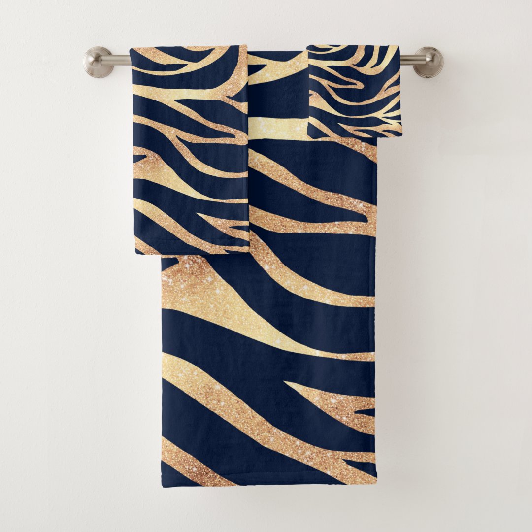 Elegant Gold Glitter Zebra NayBlue Animal Print Bath Towel Set Zazzle