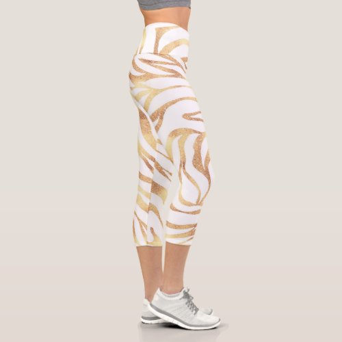 Elegant Gold Glitter Zebra White Animal Print Capri Leggings