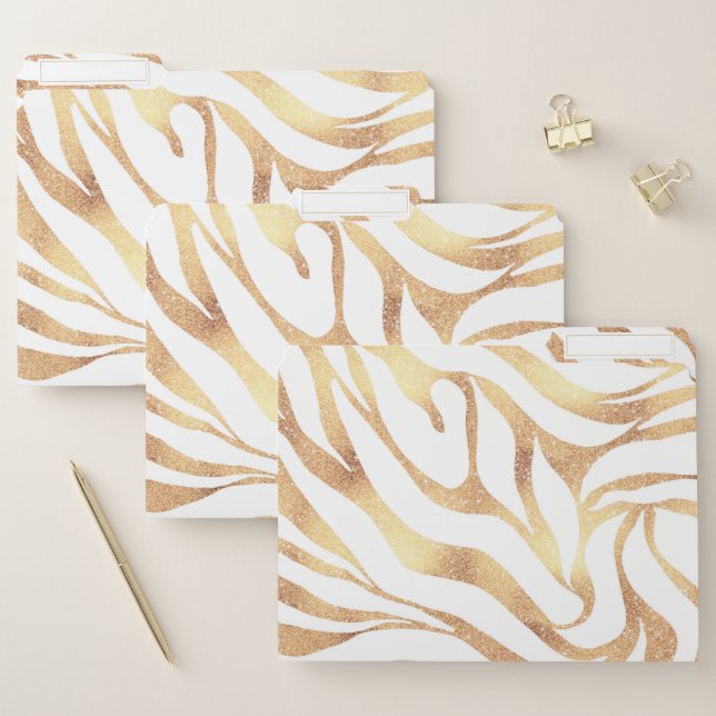 Elegant Gold Glitter Zebra White Animal Print File Folder (Set)