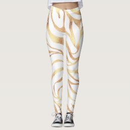 Elegant Gold Glitter Zebra White Animal Print Leggings