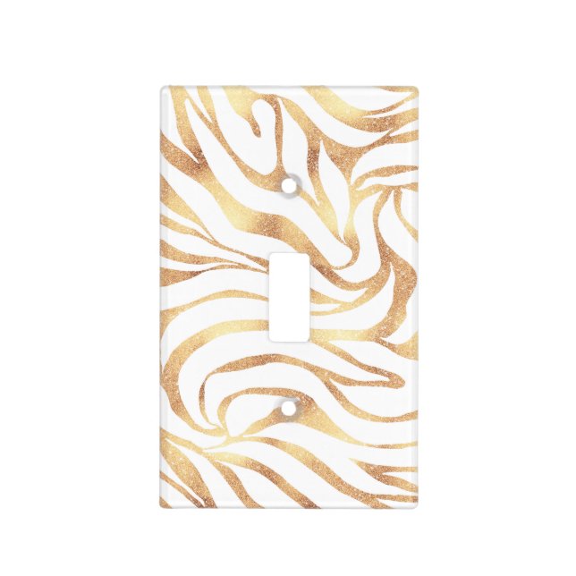 Elegant Gold Glitter Zebra White Animal Print Light Switch Cover (Front)