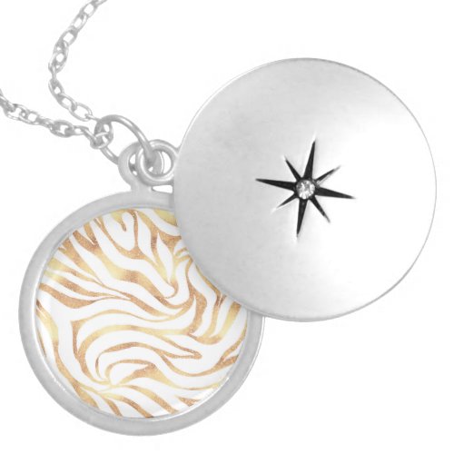 Elegant Gold Glitter Zebra White Animal Print Locket Necklace