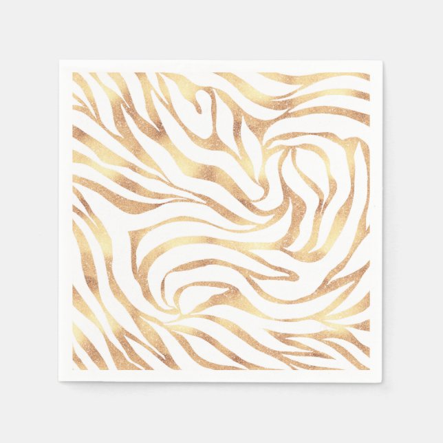 Elegant Gold Glitter Zebra White Animal Print Napkins (Front)