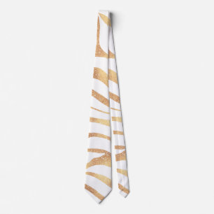 Elegant Gold Glitter Zebra White Animal Print Neck Tie