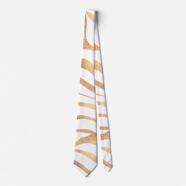 Elegant Gold Glitter Zebra White Animal Print Neck Tie (Front)