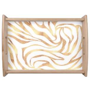 Elegant Gold Glitter Zebra White Animal Print Serving Tray
