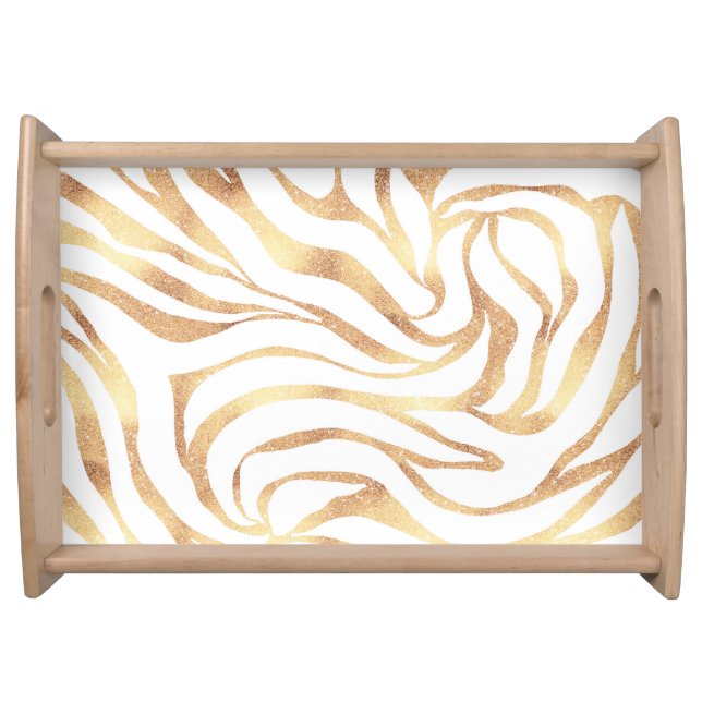 Elegant Gold Glitter Zebra White Animal Print Serving Tray (Front)