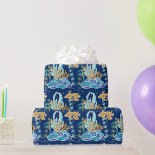Elegant Gold Glittery Blue Under the Sea Wrapping Paper