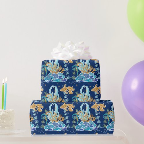 Elegant Gold Glittery Blue Under the Sea  Wrapping Paper