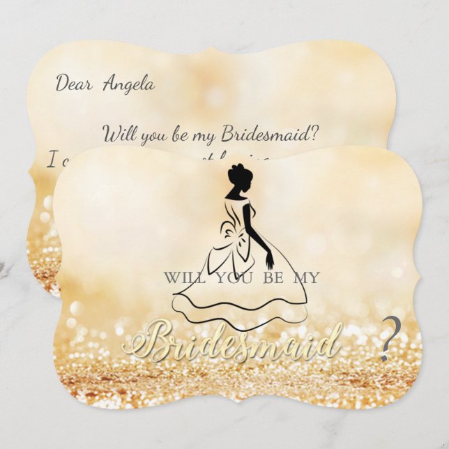 Elegant Gold Glittery Bokeh,Silhouette Bridesmaid Invitation (Front/Back)