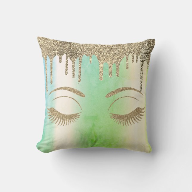 Elegant Gold Glittery Lashes,Drips Green Throw Pillow (Front)