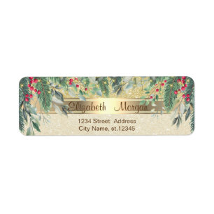Elegant Gold Glittery Pine Tree Branches Christmas Label
