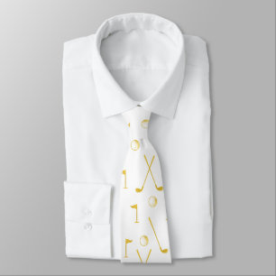 Elegant Gold Golf Pattern Golfer White Neck Tie
