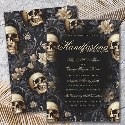 Elegant Gold Gothic Floral Skulls Handfasting Invitation