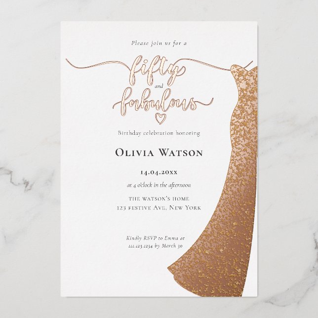 Elegant Gold Gown 50 and fabulous birthday Foil Invitation (Front)