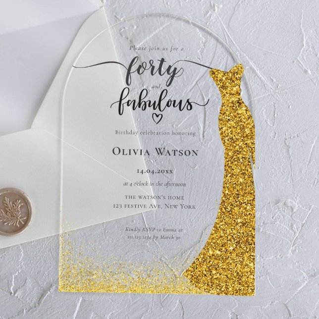 Elegant Gold Gown forty fabulous birthday Acrylic Invitations (Creator Uploaded)