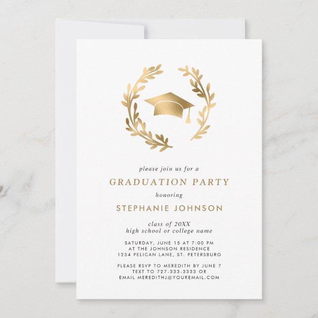 Elegant Gold Grad Cap and Wreath Graduation Party Invitation (Front)