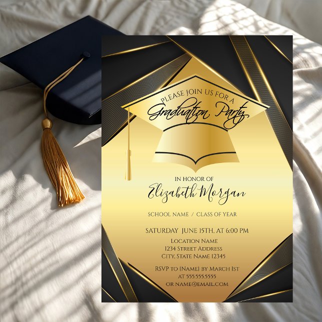 Elegant Gold Grad Cap Black Gold Graduation   Invitation (Creator Uploaded)
