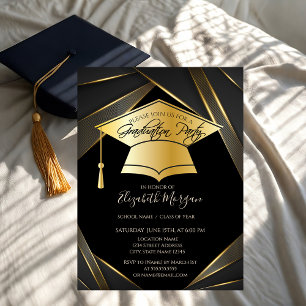 Elegant Gold Grad Cap Black Graduation  Invitation
