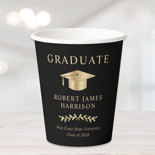 Elegant Gold Grad Cap Black Graduation Party Paper Cups