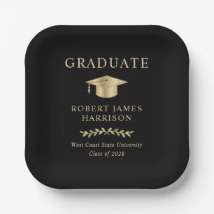 Elegant Gold Grad Cap Black Graduation Party Paper Plates