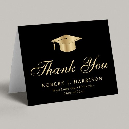 Elegant Gold Grad Cap Black Graduation Thank You Card