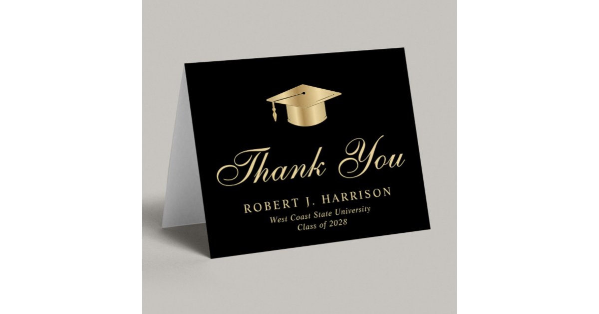 Elegant Gold Grad Cap Black Graduation Thank You Card | Zazzle