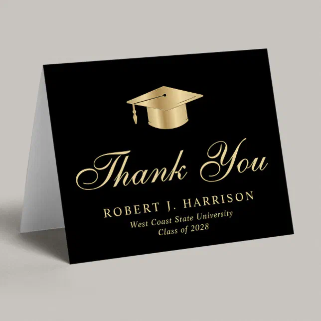 Elegant Gold Grad Cap Black Graduation Thank You Card | Zazzle