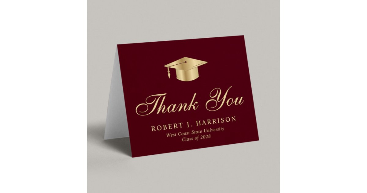 Elegant Gold Grad Cap Burgundy Red Graduation Thank You Card | Zazzle