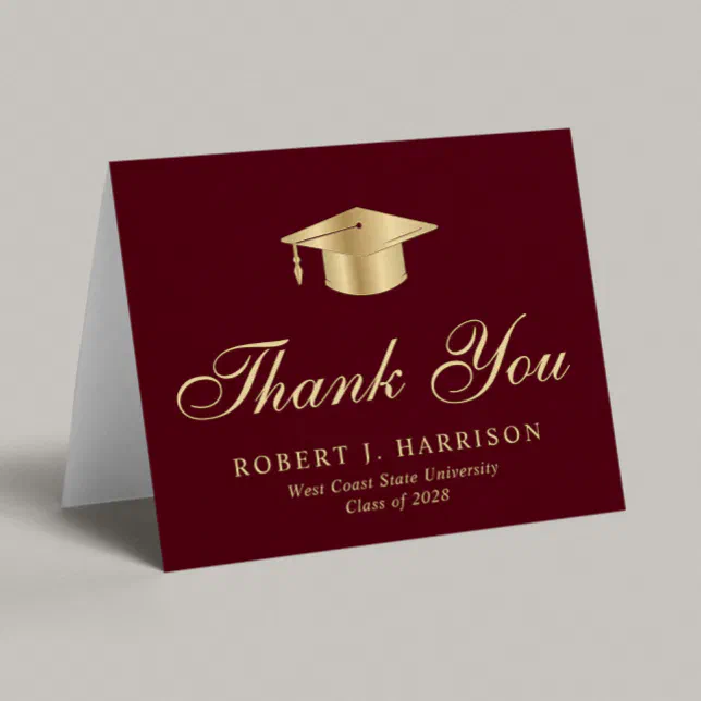 Elegant Gold Grad Cap Burgundy Red Graduation Thank You Card | Zazzle