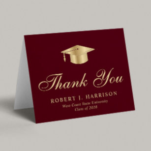 Elegant Gold Grad Cap Burgundy Red Graduation Thank You Card