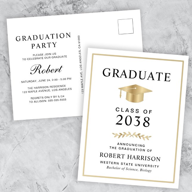 Elegant Gold Grad Cap College Graduation Party Invitation Postcard (An elegant college graduation party invitation postcard to celebrate the graduate's achievements)
