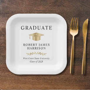 Elegant Gold Grad Cap Graduation Party Paper Plates