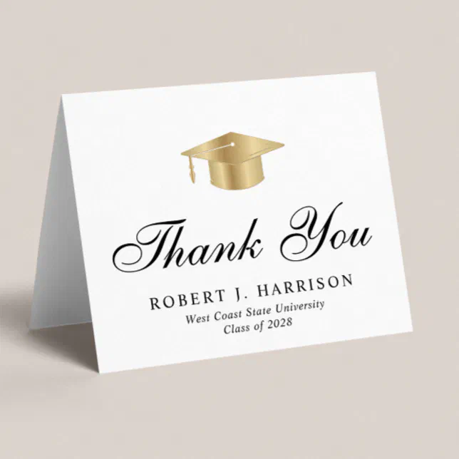 Elegant Gold Grad Cap Graduation Thank You Card | Zazzle