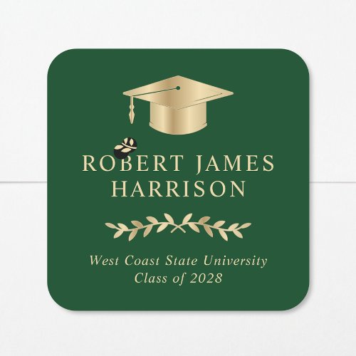 Elegant Gold Grad Cap Green Graduation Square Sticker