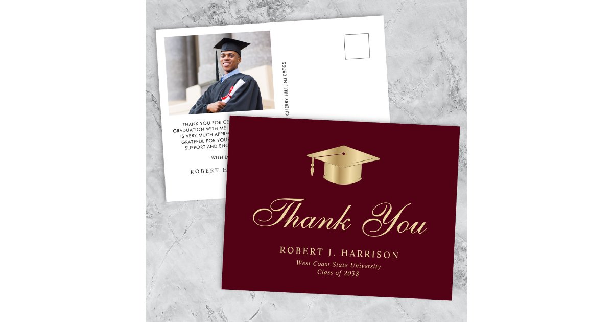 Elegant Gold Grad Cap Photo Graduation Thank You Postcard | Zazzle