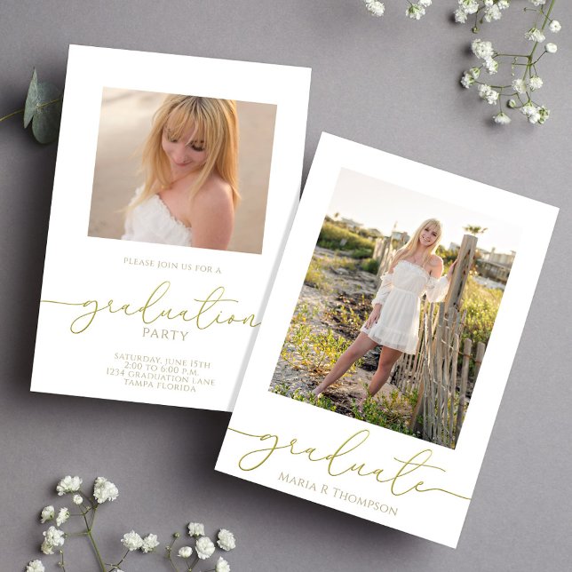 Elegant Gold Graduate Announcement with Photo (Elegant gold typography graduation announcement with customizable graduate photo design.)