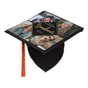 Elegant Gold Graduate Black Photo Collage Graduation Cap Topper