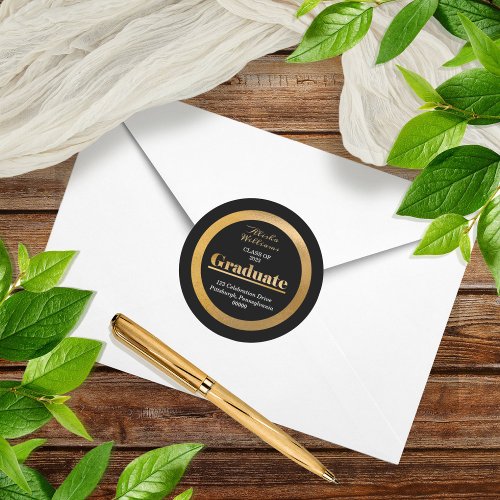 Elegant Gold Graduate Black Return Address Classic Round Sticker